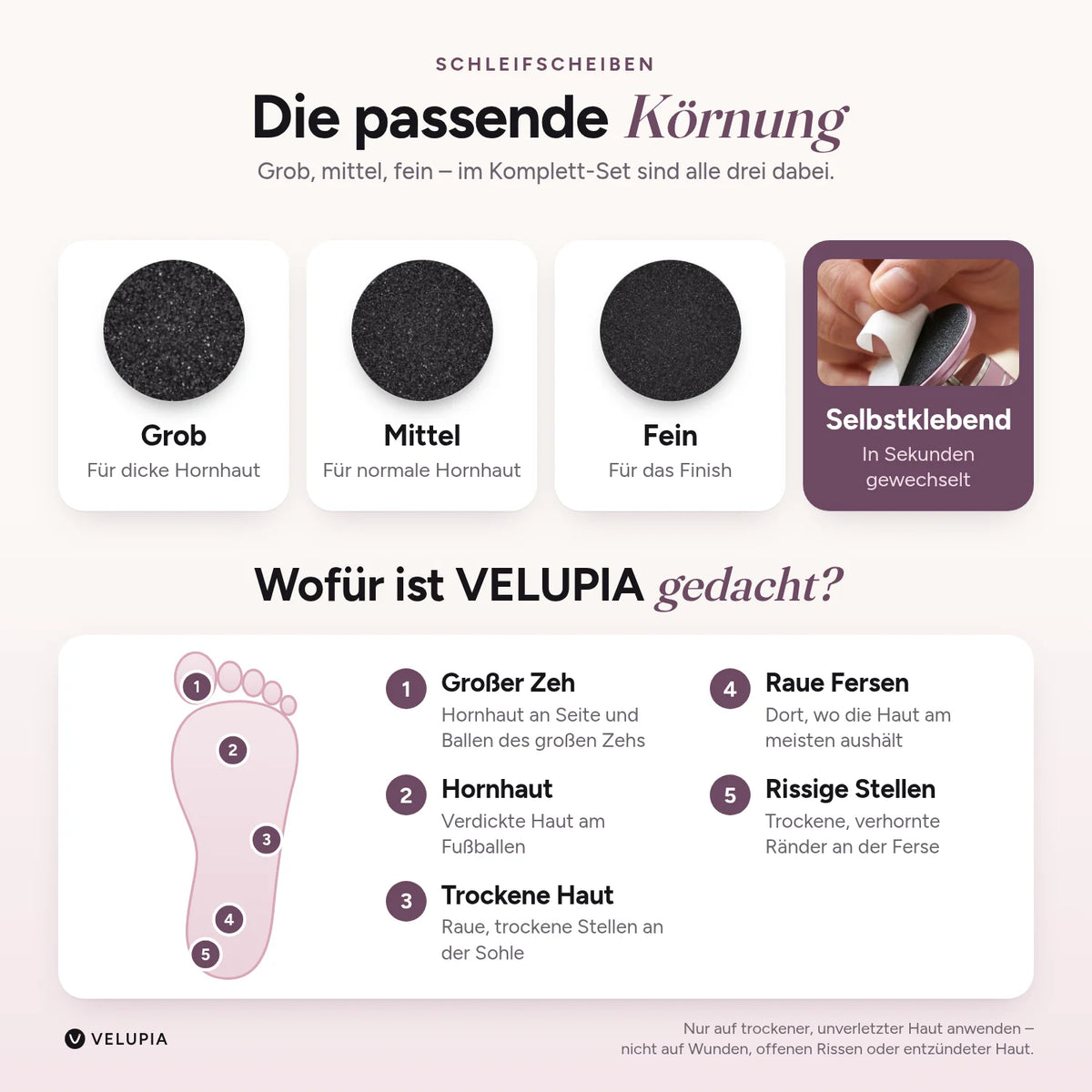 Schleifscheiben in 3 Körnungen – grob, mittel, fein – und die Stellen am Fuß, für die VELUPIA gedacht ist